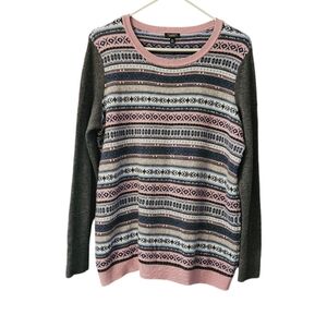 Talbots Fair Isle Striped Sweater Women's 1X Petite Nylon/Lambswool Blend Gray